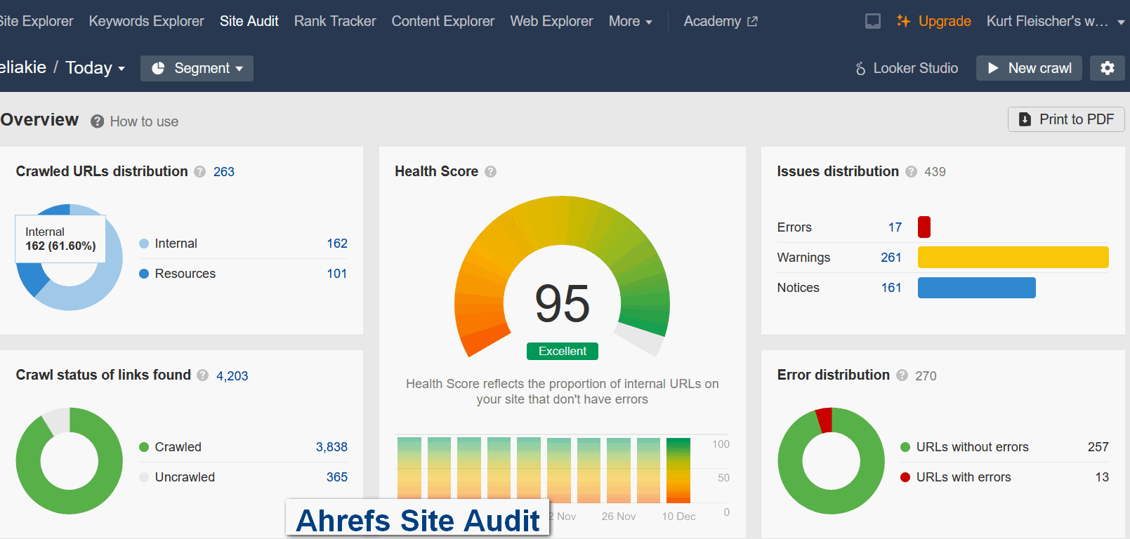 Ahrefs site audit tool dashboard with SEO metrics and performance insights