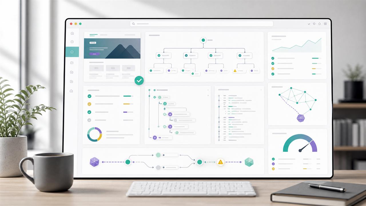 Abstract dashboard showing an AI agent site audit with semantic HTML, robots.txt, sitemap, and accessibility signals