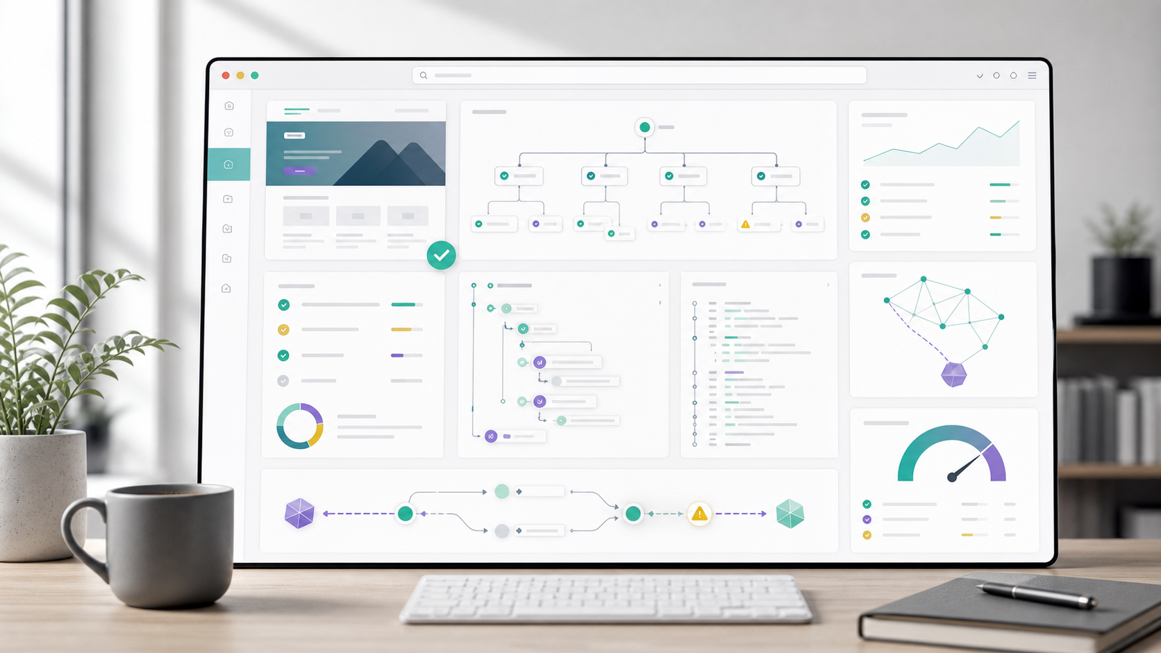 Abstract dashboard showing an AI agent site audit with semantic HTML, robots.txt, sitemap, and accessibility signals