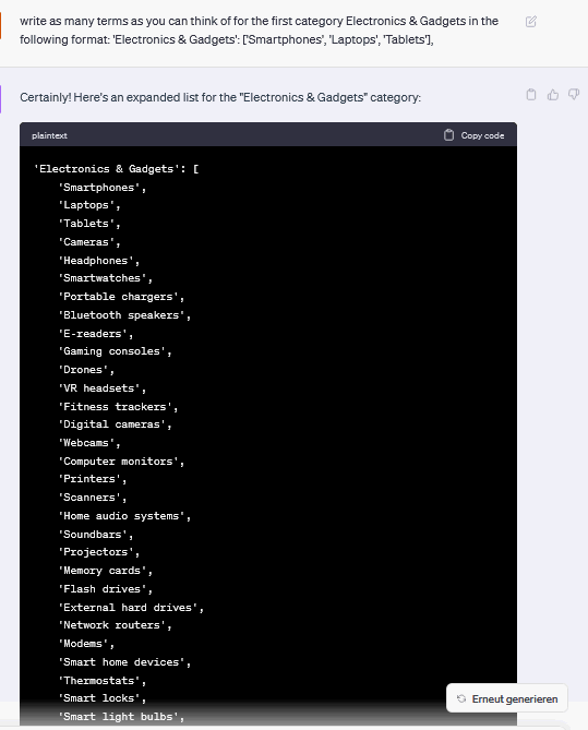 ChatGPT generating keywords for Walmart electronics and gadgets category