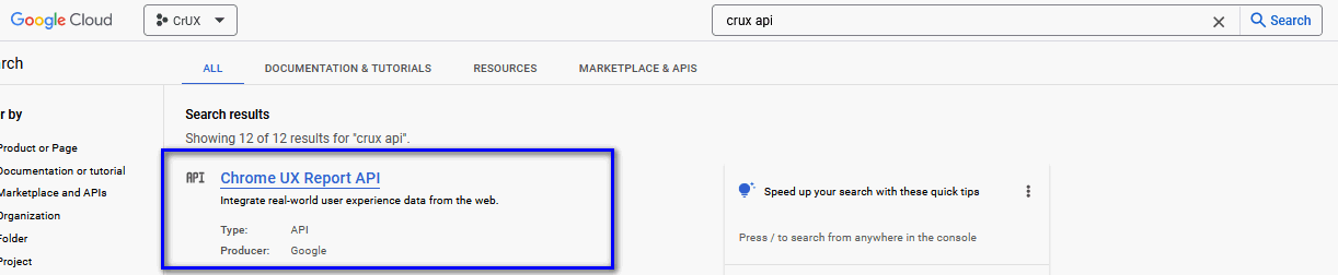 Google Cloud CrUX API dashboard interface screenshot