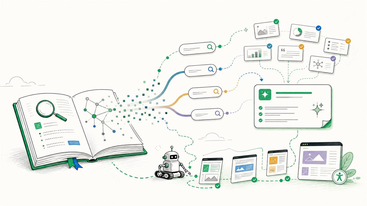 Illustrative technical SEO scene with an open search index book, branching query paths, evidence cards, and an AI answer panel
