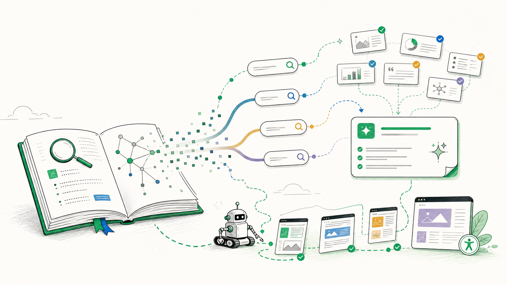 Illustrative technical SEO scene with an open search index book, branching query paths, evidence cards, and an AI answer panel