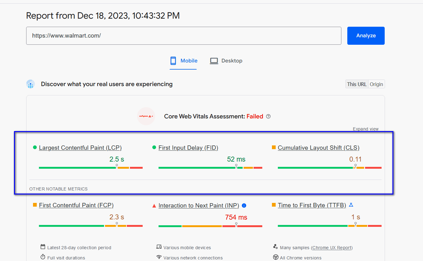 Walmart homepage PageSpeed Insights report analysis