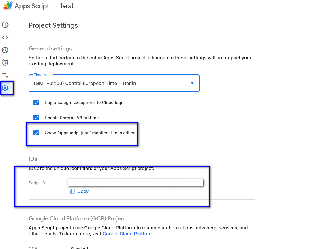 Project Settings Google Sheets