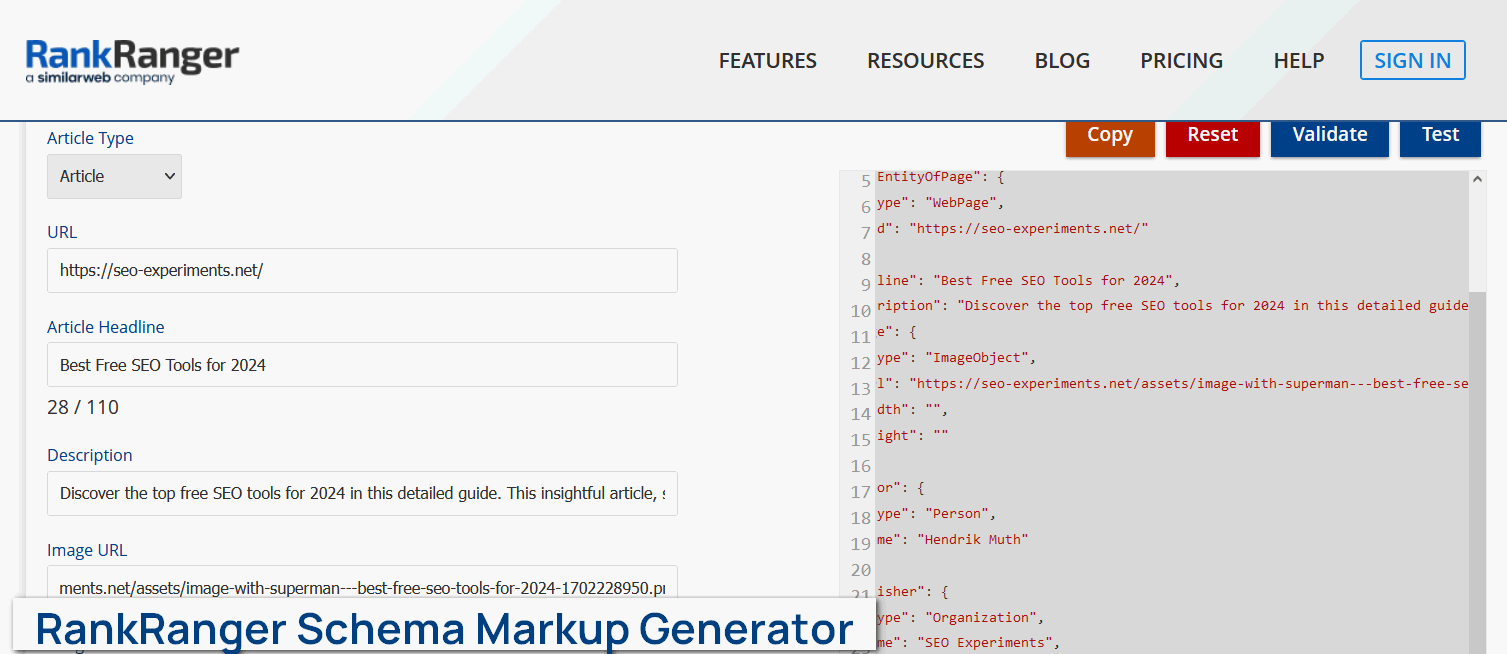 Rank Ranger schema markup generator interface screenshot