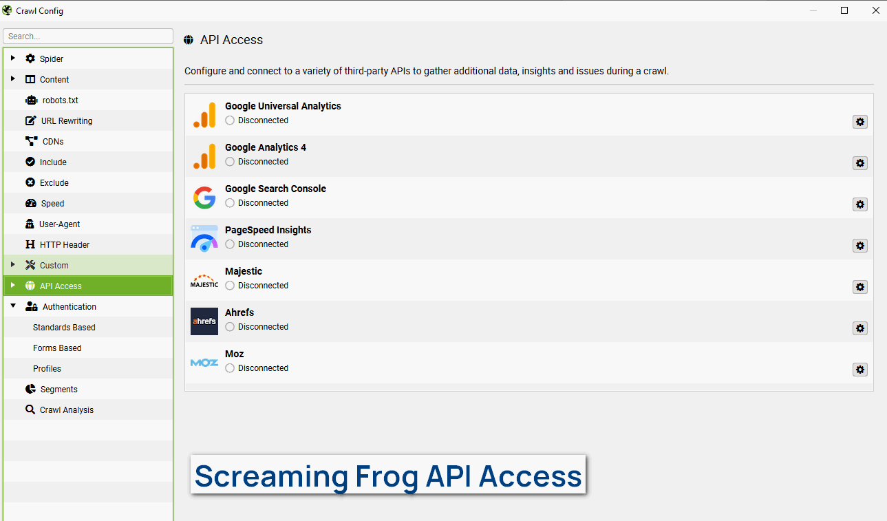 Screaming Frog API access dashboard interface screenshot