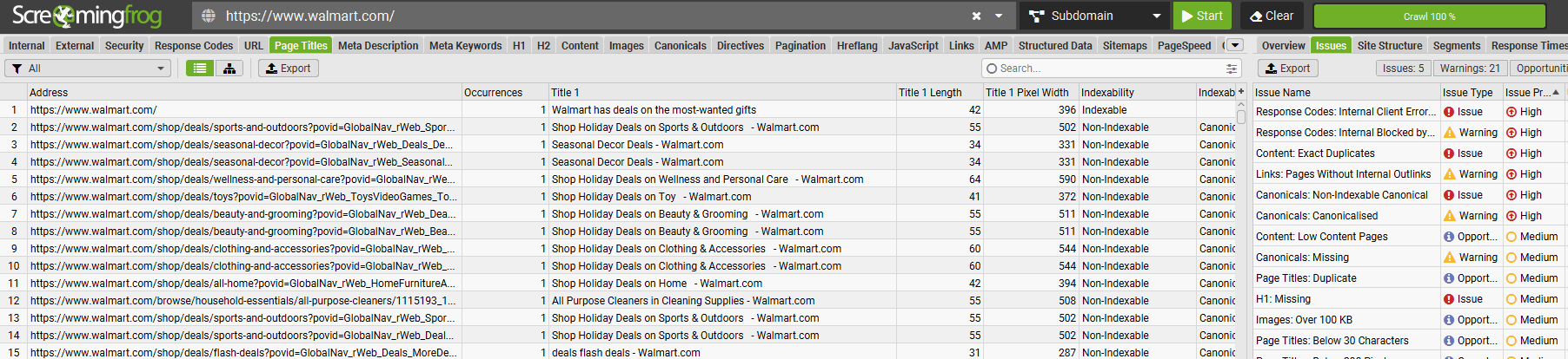 Screaming Frog SEO crawl report for Walmart website analysis