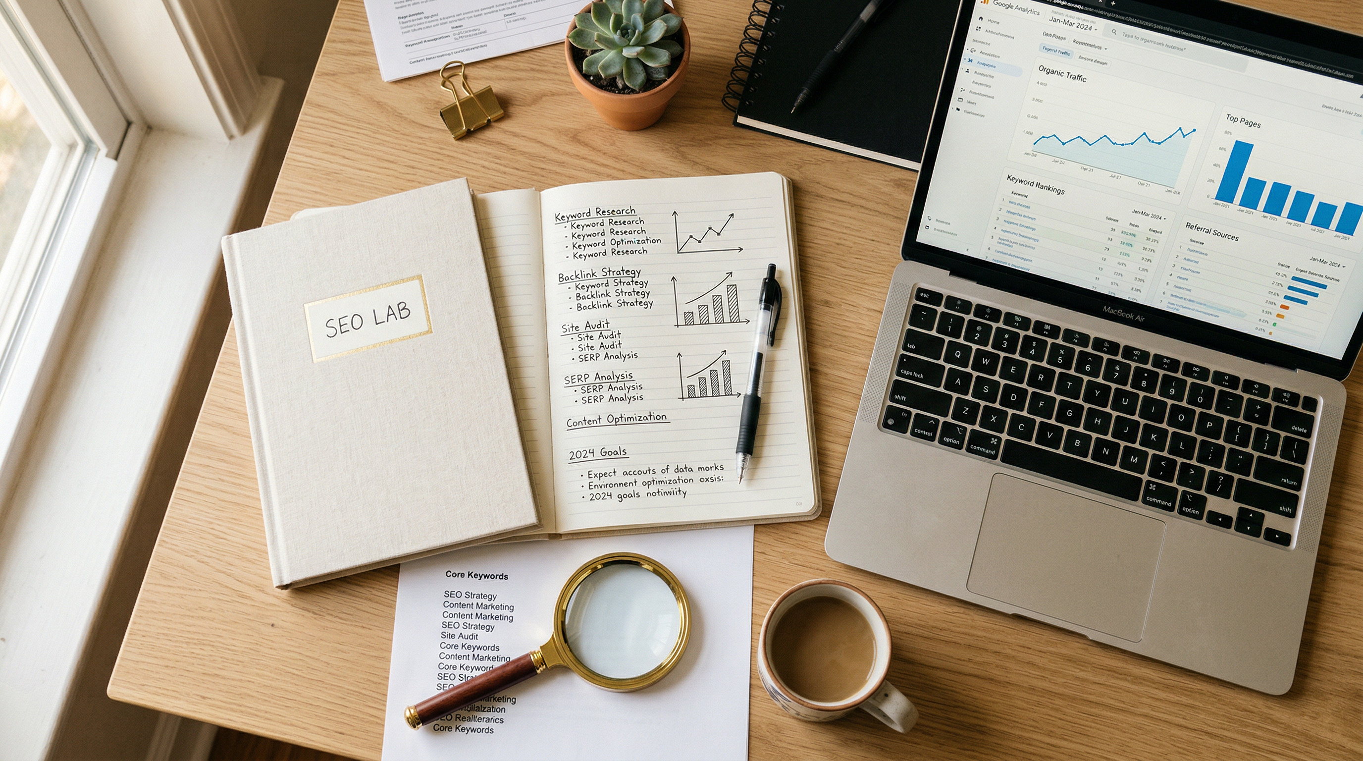 Editorial illustration introducing SEO Experiments with SEO, AI, and technology themes.