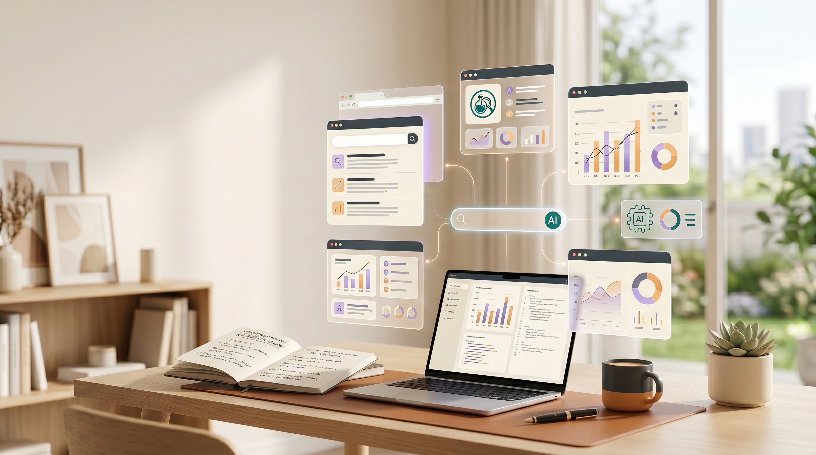 SEO Experiments editorial workspace with branded AI search and analytics interfaces