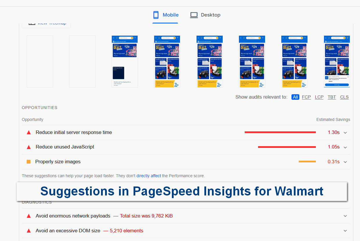 Walmart PageSpeed Insights performance suggestions infographic