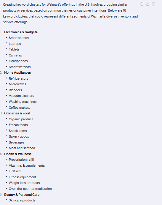 Keyword clustering analysis for Walmart generated by ChatGPT-4, showcasing organized keywords and their relationships.