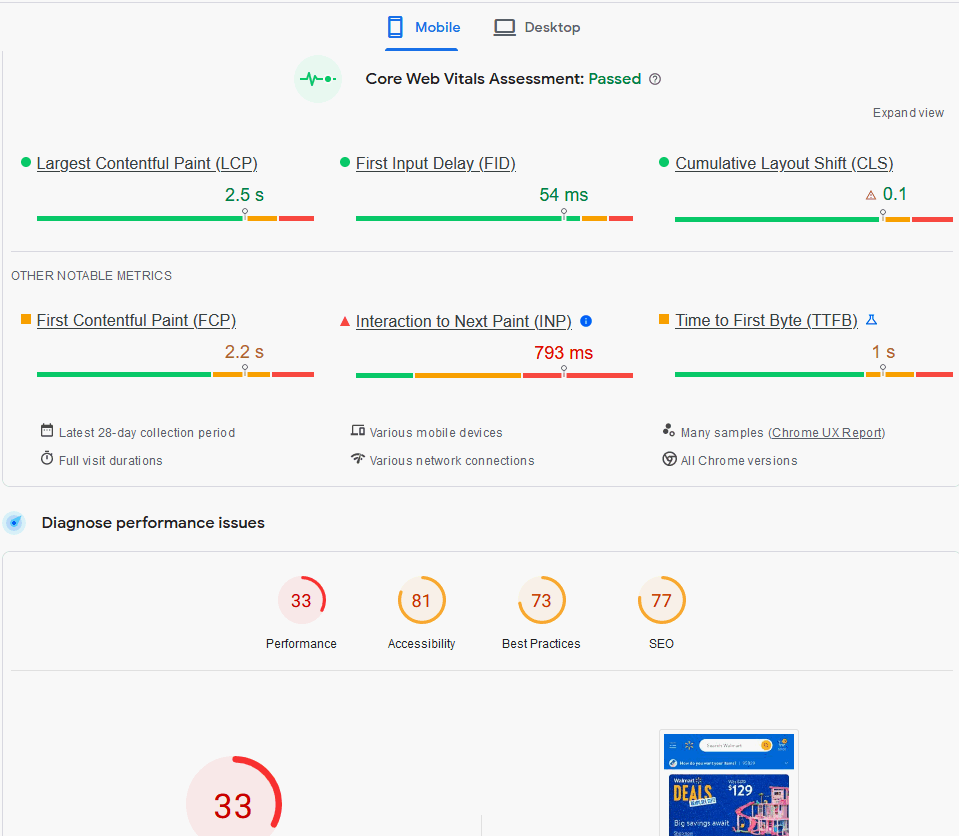 Walmart website PageSpeed Insights performance report summary